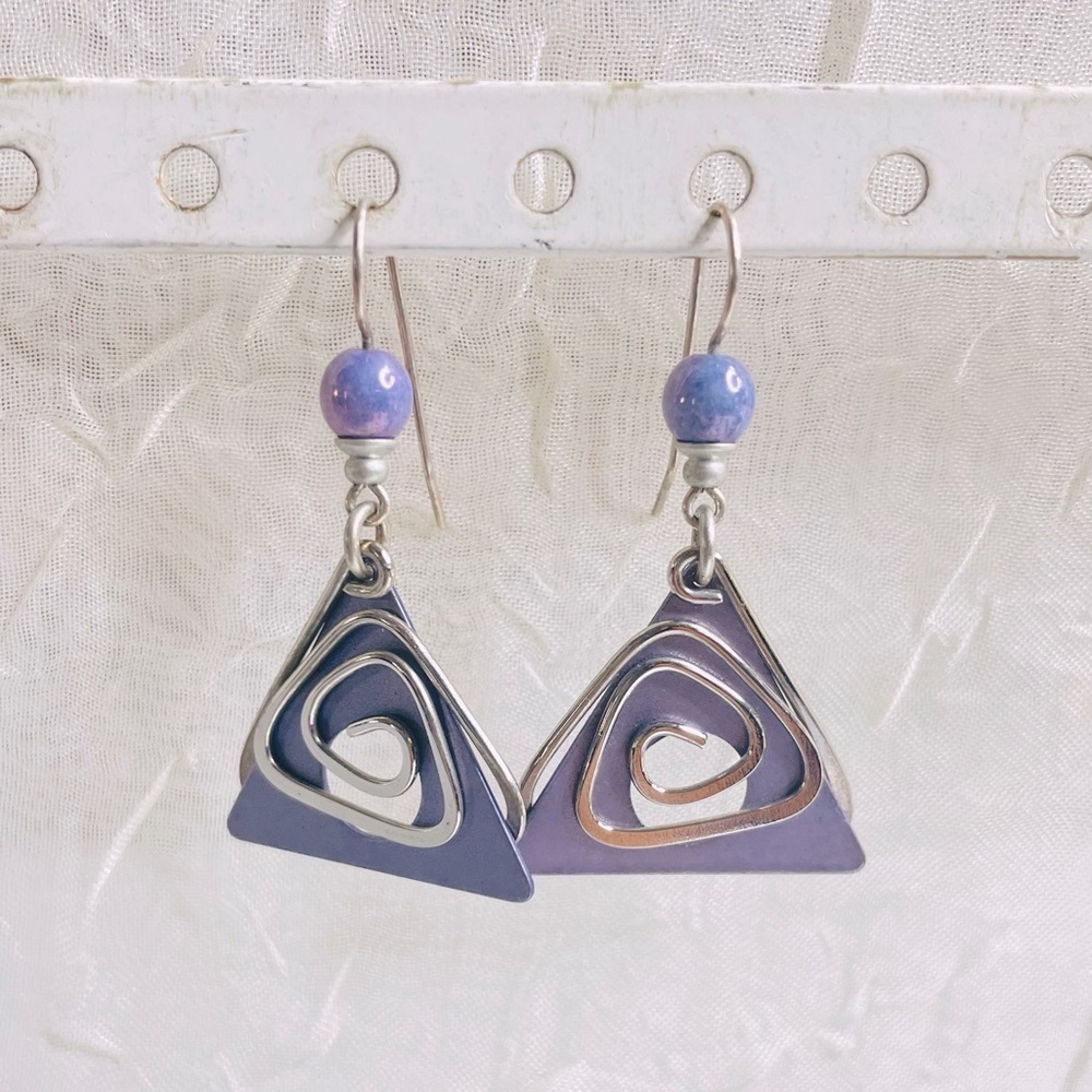Vintage Purple Geometric Triangle Dangle Earrings with Beads - Picture 3 of 7